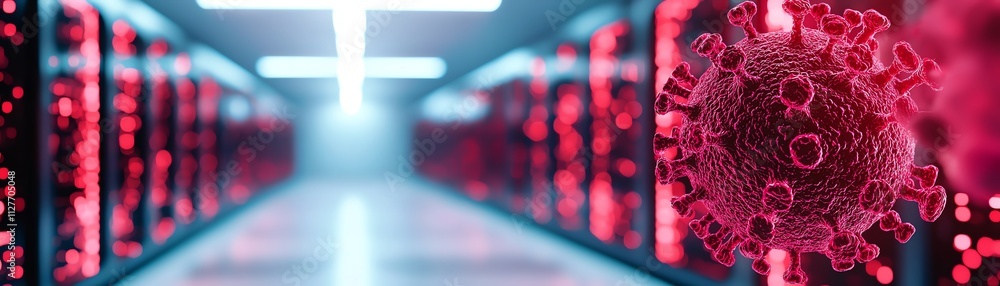 Poster a futuristic data center visualized with a digital virus overlay in vibrant red tones.