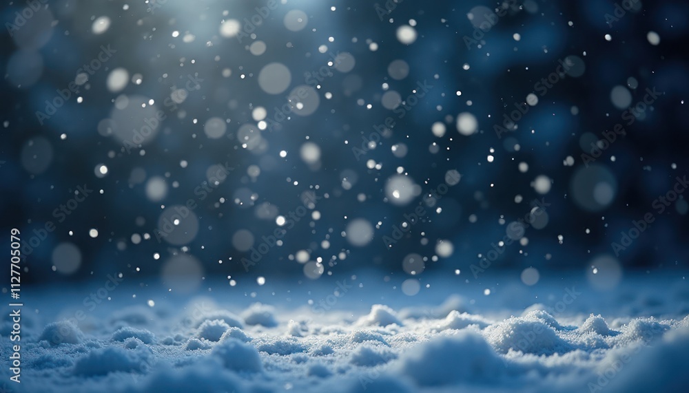 Poster mesmerizing snowfall falling on surface of snow creating magical winter atmosphere. soft light illum