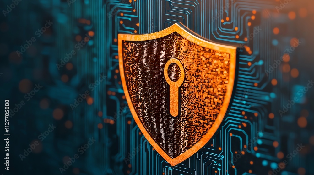 Poster a digital shield symbolizing security and protection in the tech environment.
