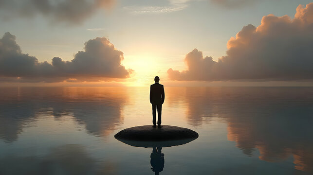 Man Contemplates Sunrise Ocean View, Finding Inner Peace and Tranquility