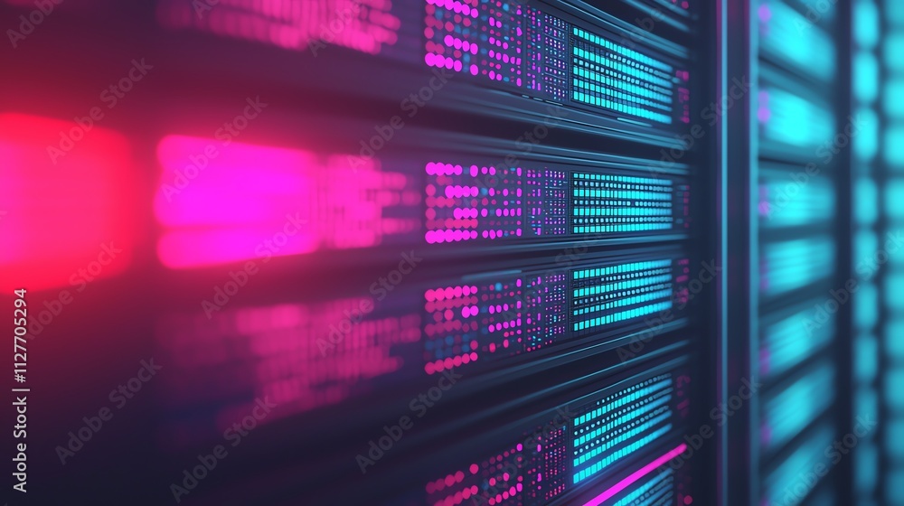 Poster futuristic data center with neon lights and digital screens displaying information.