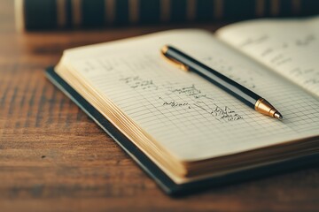 An open notebook with handwritten notes and a pen resting on a wooden table.