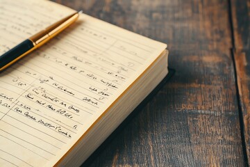 A close-up of a notebook with handwritten notes and a pen on a wooden table.