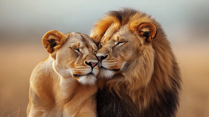 A majestic lion and lioness affectionately nuzzling each other in a golden savannah at sunset, symbolizing love and connection in the wild.