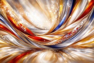 Abstract Swirling Gold, Red, and Blue Waves with Glitter