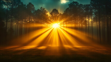 Sunbeams Illuminate Misty Forest at Dawn, Golden Rays of Hope and Tranquility