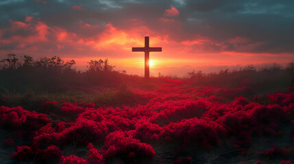 Sunset Cross Silhouette in Vibrant Red Flowers