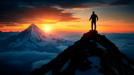 Climber Conquers Peak at Sunrise: Majestic View