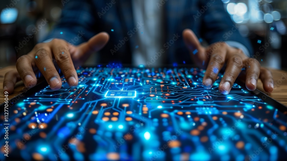 Poster close-up of hands interacting with a futuristic digital circuit board interface.