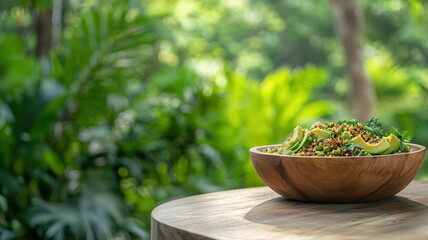 Nutrient-rich plants superfood organic. A vibrant quinoa salad in a wooden bowl, beautifully garnished and ready to serve.