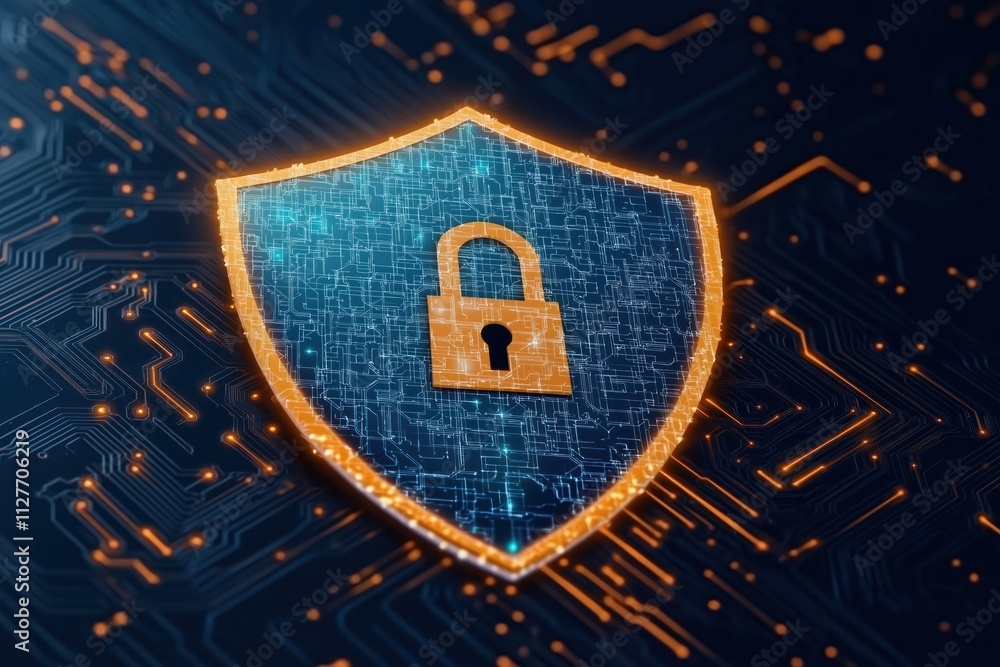 Aufkleber Digital data protection concept. Tech safeguard symbol. Cybersecurity, network security illustrated with shield, lock. Generative AI illustration. Secure data. Privacy, data protection concept.
