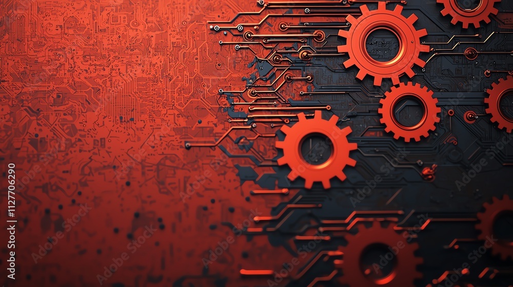 Poster abstract digital background with gears and circuitry in striking red and black colors.