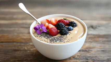 Nutrient-rich plants superfood organic. Delicious superfood smoothie bowl topped with organic fruits and chia seeds, perfect for healthy eating.