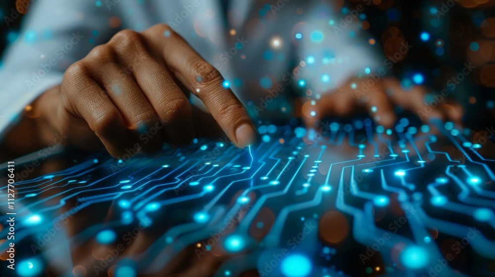 Poster close-up of hands interacting with a futuristic digital interface, showcasing technological innovati