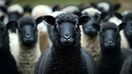 Fototapeta premium Black Sheep: A Flock's Unique Leader Stands Out