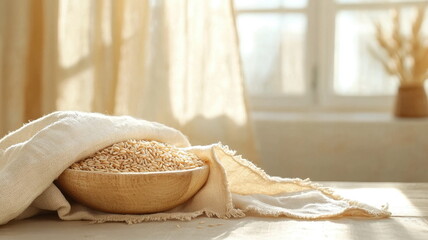 Nutrient-rich plants superfood organic. Whole wheat grains illuminated in soft morning light, showcasing texture and color for culinary use.