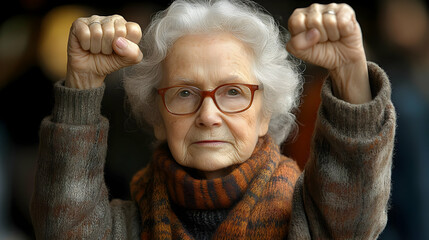 Elderly Woman Raises Fists: Defiance, Strength, Age, Resilience, Protest, Activism, Power, Determination, Older Woman, Advocacy