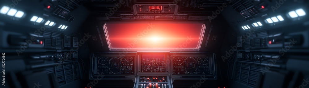 Poster futuristic control room with red light and advanced interface displays.