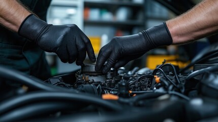 Mechanics in black gloves adjust car engine part. Expert hands work on motor vehicle. Automotive repair in garage. Pro auto technician fixing car engine part. Focus on skilled hands, engine