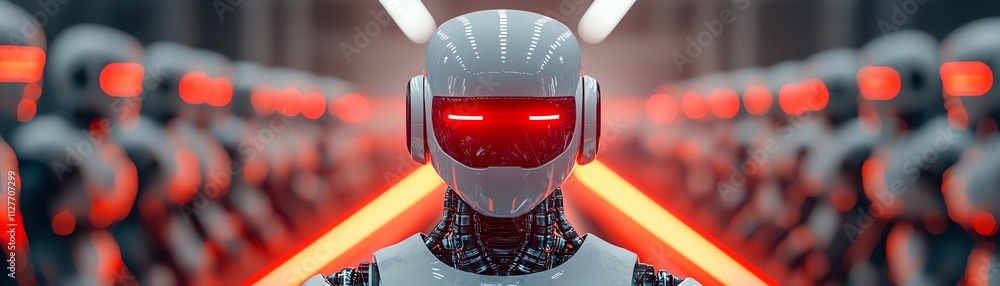 Poster futuristic robot with red glowing eyes in a high-tech environment.