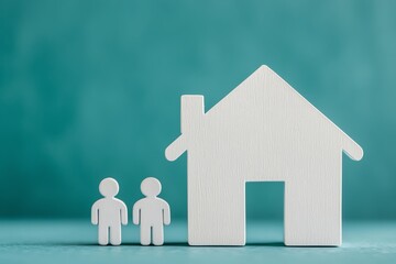 Two figurines stand beside a house, representing family and home concepts in a serene setting.