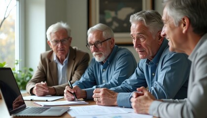 Senior men gather around financial planner discussing retirement investments. Review documents, likely consider secure retirement options for silver economy. Retirement planning session in room.