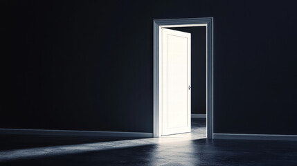 A slightly open white door in a dark room, with light shining through, a minimalistic black background