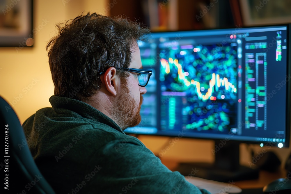 Poster focused individual analyzing stock market data on a large computer screen.