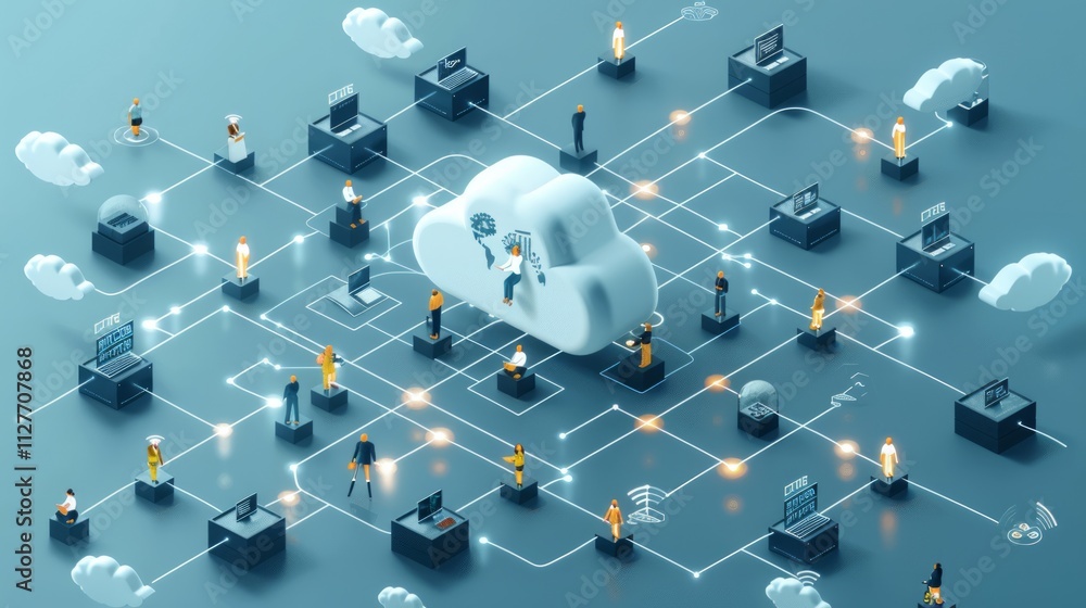 Poster cloud computing network with connected people and devices.