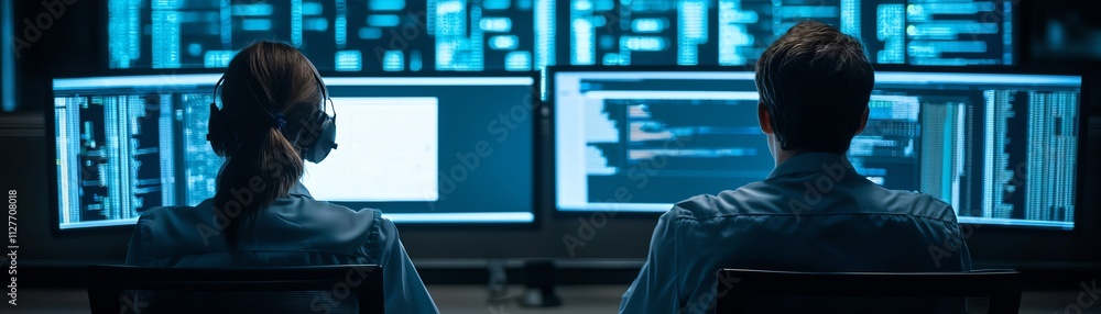 Poster professionals analyzing data on dual monitors in a modern tech environment.
