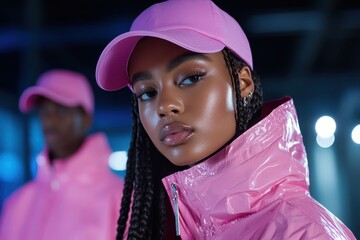 A model showcases a chic streetwear look with a shiny pink jacket and vibrant cap, embodying modern urban fashion trends and youthful spirit with confidence.