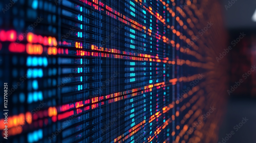 Poster abstract digital data visualization with vibrant neon colors on a dark background.