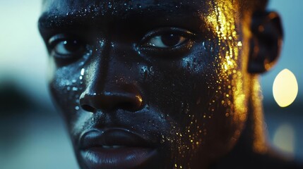Beads of sweat illuminated by city lights on a runner s face, captured at dusk, intense workout focus, close-up