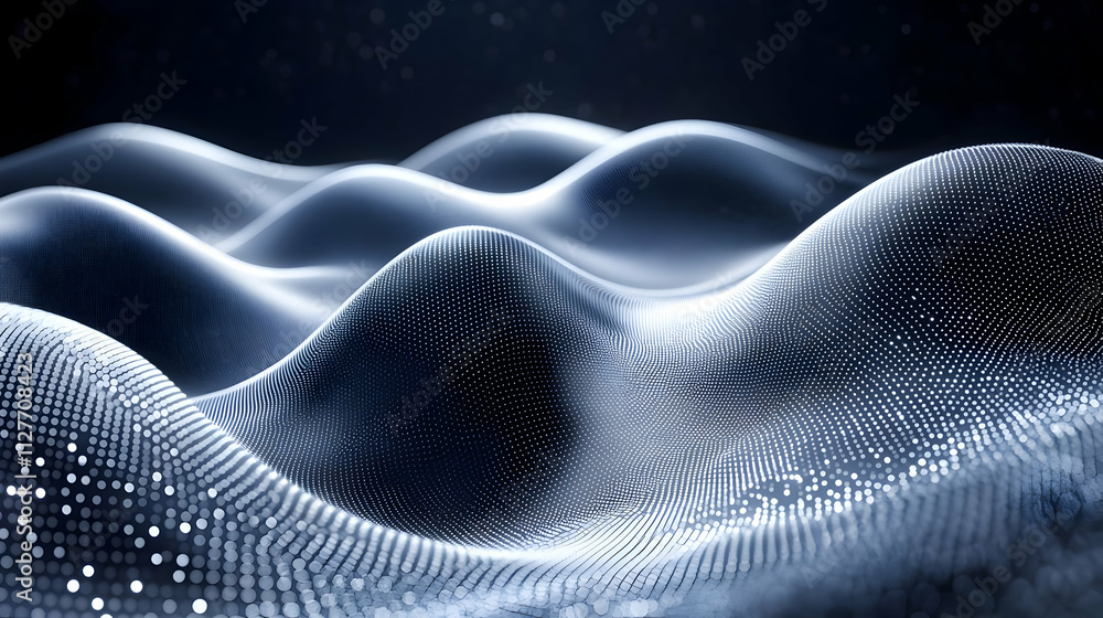 Poster abstract particle waves: digital art, 3d modeling, motion graphics, visual effects, data visualizati