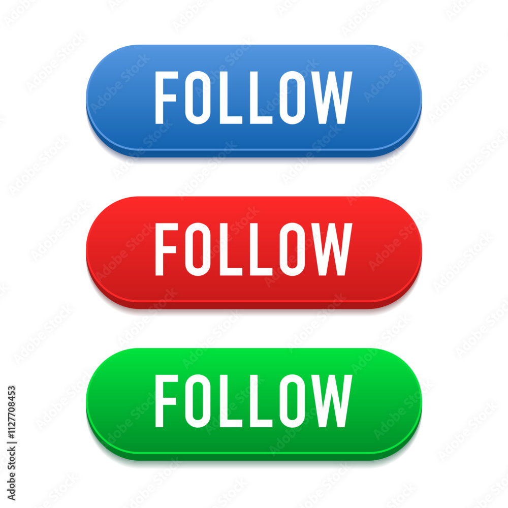 Poster 3d social media follow button icon. set of follow web buttons. vector illustration