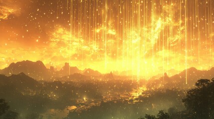 Naklejka premium Golden Rain Over Vast Landscape at Dusk