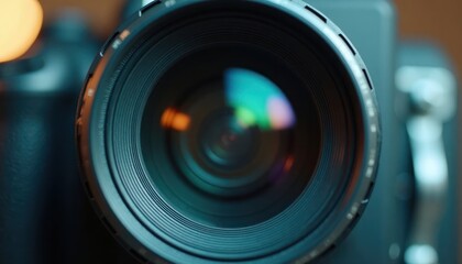 Professional movie camera lens smoothly adjusts focus for high-definition recording. Tech details, precision evident. Film production equipment. High-quality cinematic image captured. Studio setting.