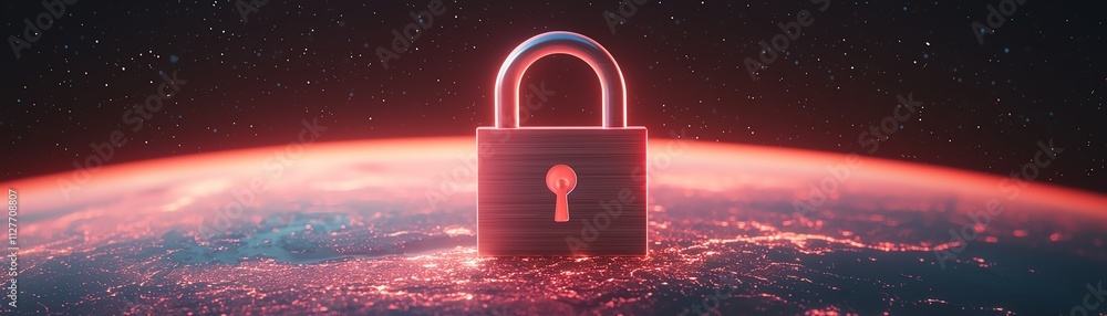 Poster a futuristic padlock floating above a vivid planet, symbolizing security in the digital age.