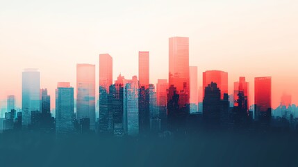 Abstract city skyline at sunset, blending colors and shapes for a modern aesthetic.