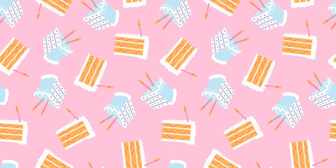 Lovely birthday pattern design with pieces of cakes on pink background. Festive artistic cover. Poster, business card, invitation, flyer, banner, email header, menu, wrapping paper, wallpaper	
