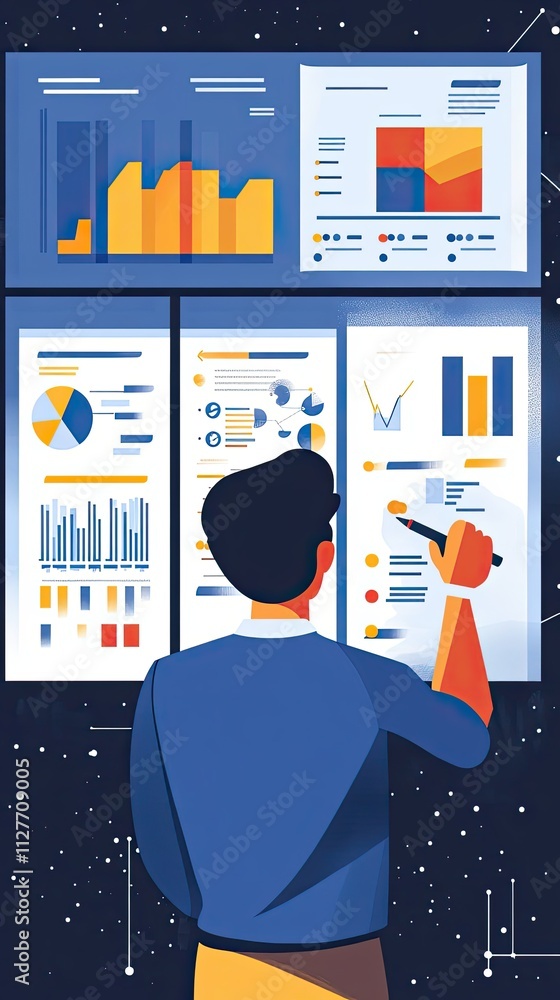 Poster man reviewing data charts and graphs