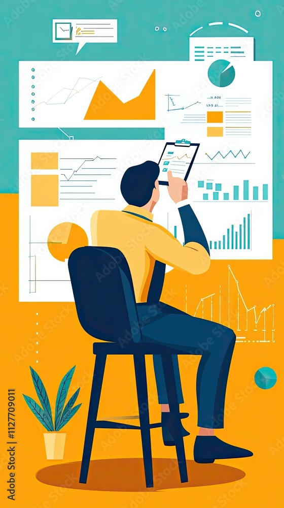 Aufkleber businessman analyzing data charts graphs and reports