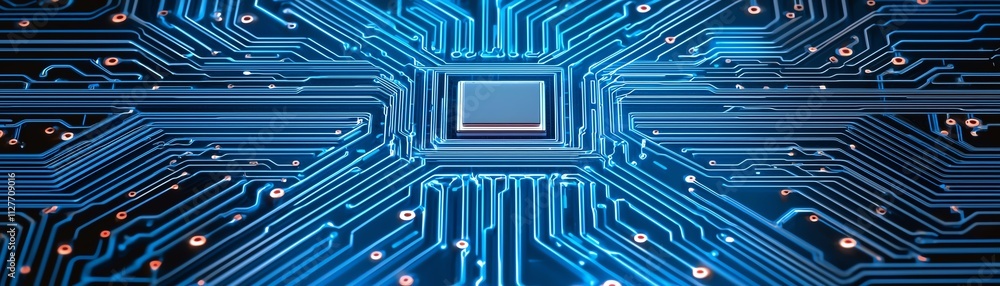 Poster close-up view of a circuit board with intricate blue patterns and electronic components.