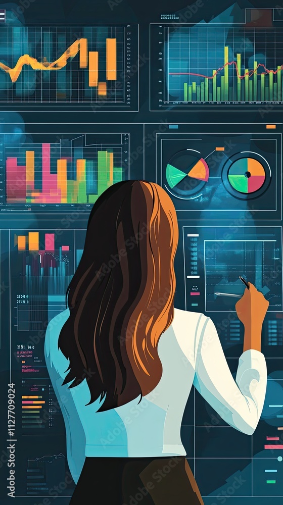 Poster woman analyzing data charts and graphs on screens