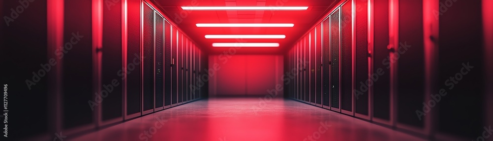 Poster futuristic corridor with red lighting and server racks creating a tech ambiance.