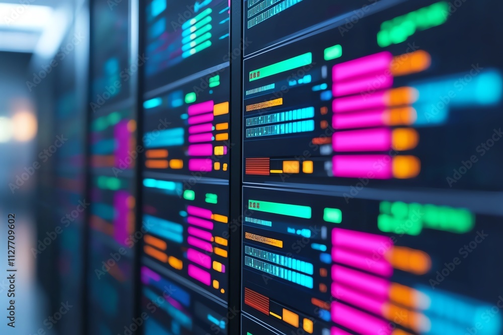 Poster vibrant data center display with colorful visualizations on digital screens.