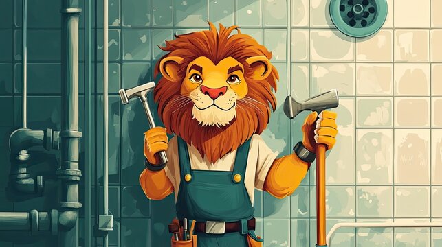 A Lion Plumber Holds Hammers in a Bathroom