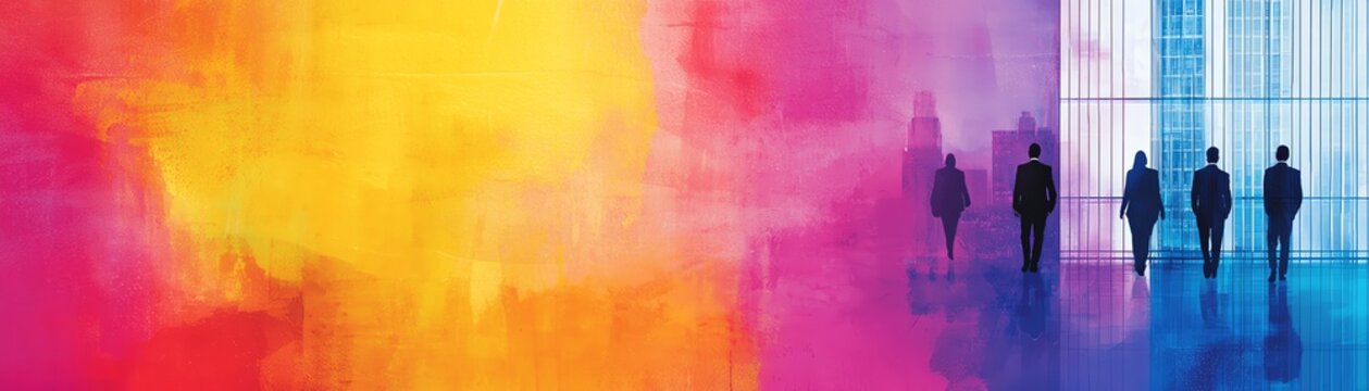 Silhouetted professionals against a colorful abstract background representing teamwork.