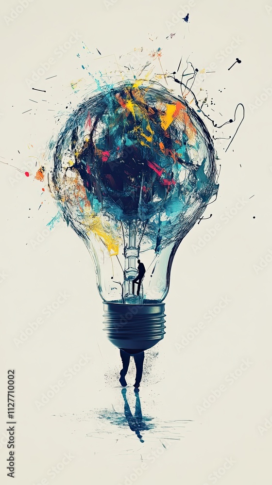 Poster a man carries a colorful exploding lightbulb idea