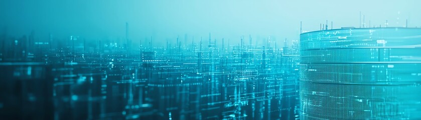 Futuristic digital cityscape with glowing buildings and data streams.